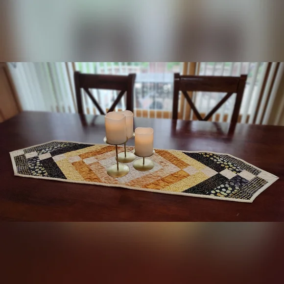 Beautiful Black & Gold! NEW HANDMADE Quilted Batik Table Runner - 12 X 46" - Picture 2 of 10